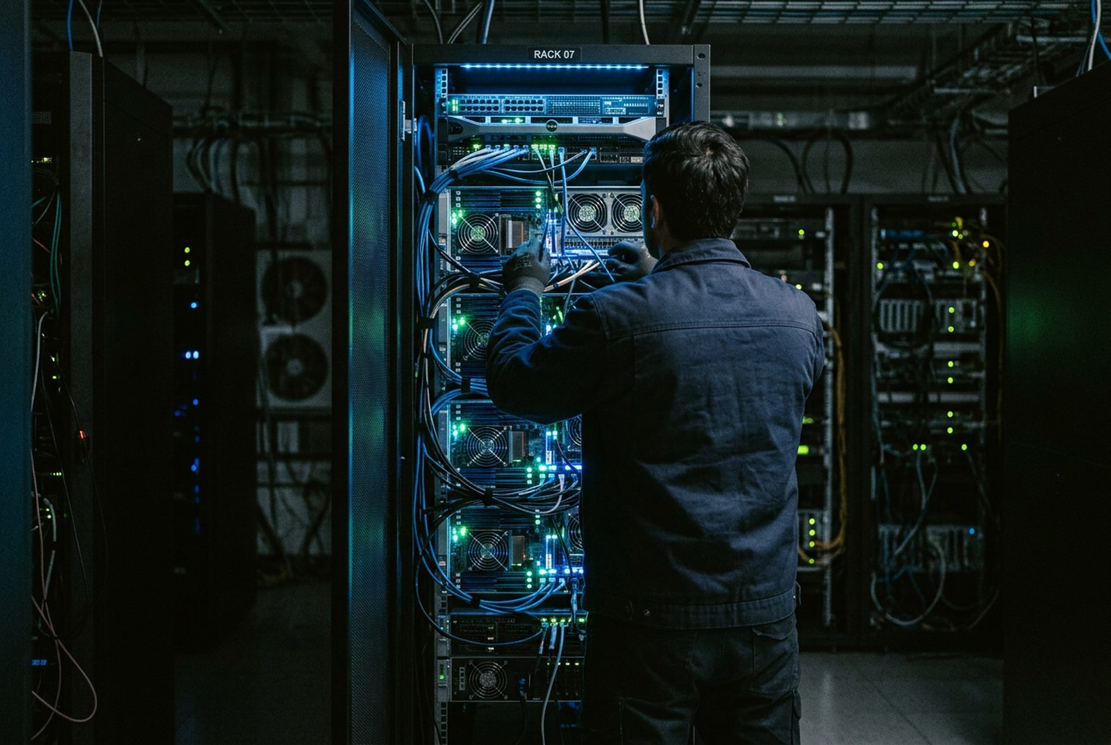 Technicien devant une baie de serveurs dans un datacenter